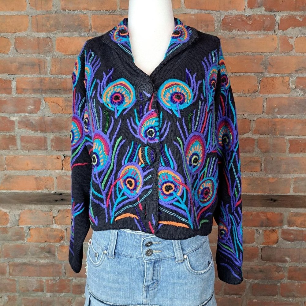SOLDVintage Michael Simon Peacock Heavy Cardigan Sweater Size 1 Preowned-